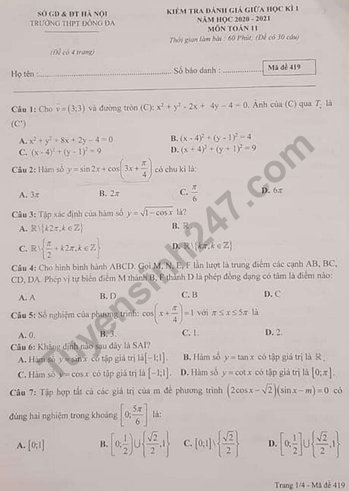 Đề kiểm tra giữa học kì 1 môn Toán 11 - Trường THPT Đống Đa 2020