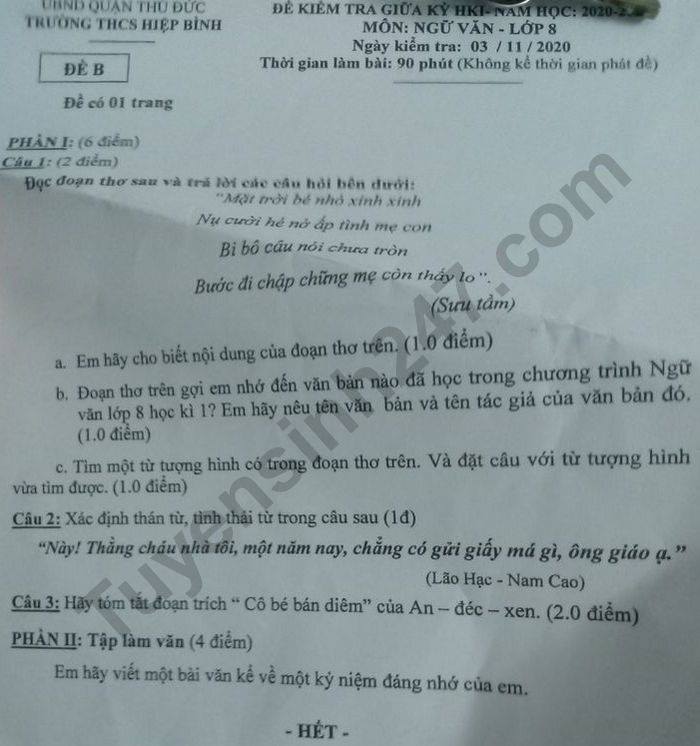 Đề kiểm tra giữa HK1 năm 2020 THCS Hiệp Bình Văn lớp 8 