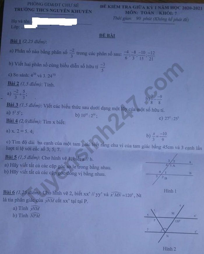 Đề kiểm tra giữa kì 1 môn Toán lớp 7 Trường THCS Nguyễn Khuyến 2020