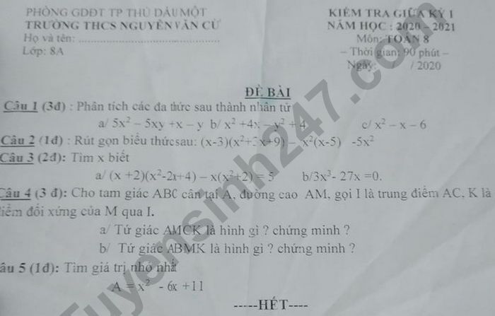 Đề kiểm tra giữa kì 1 môn Toán lớp 8 Trường THCS Nguyễn Văn Cừ 2020