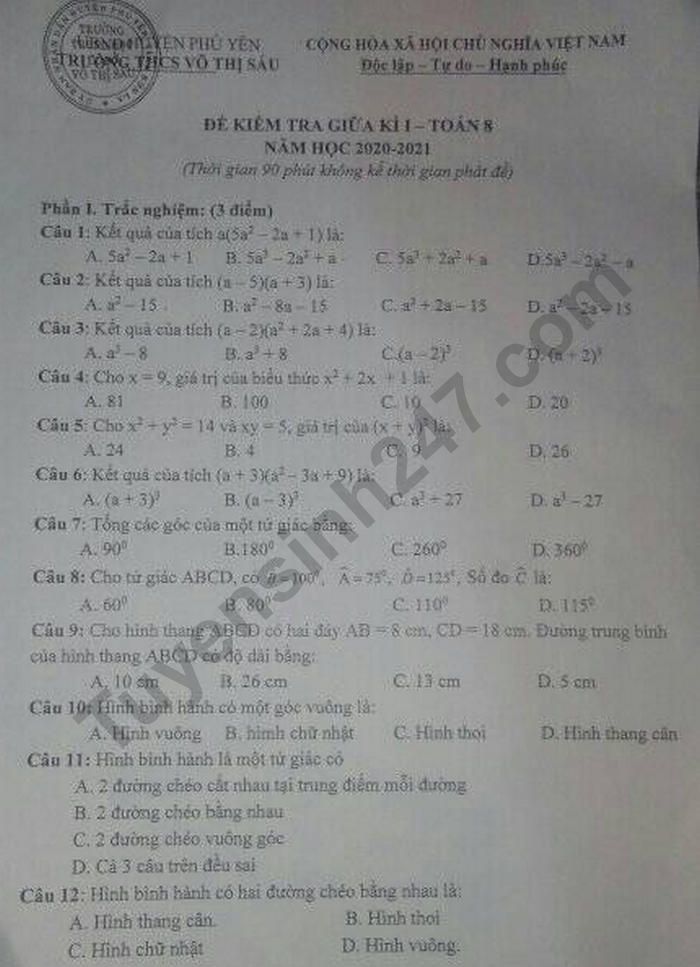 Đề kiểm tra giữa kì 1 môn Toán lớp 8 - THCS Võ Thị Sáu năm 2020