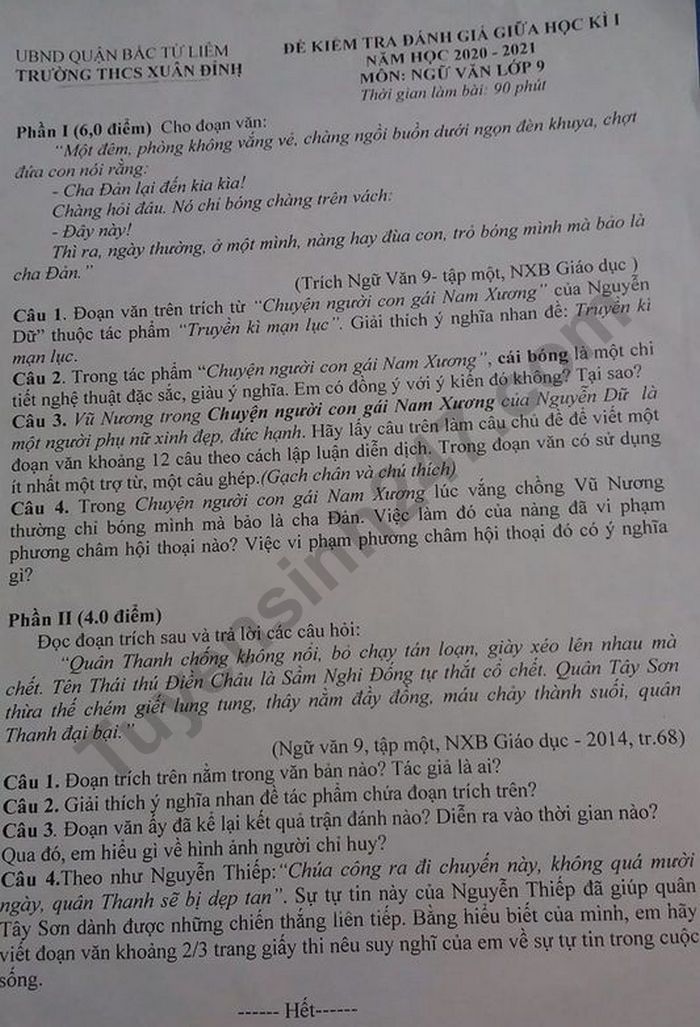 Đề kiểm tra giữa học kì 1 môn Văn lớp 9 - Trường THCS Xuân Đỉnh 2020