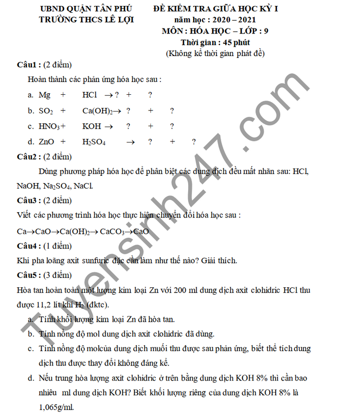 Đề kiểm tra giữa HK1 năm 2020 môn Hóa lớp 9 THCS Lê Lợi 