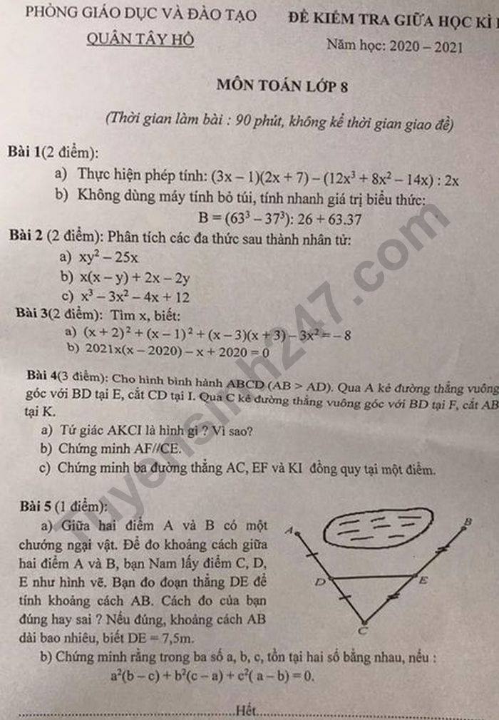 Đề kiểm tra giữa HK1 môn Toán lớp 8 năm 2020 Quận Tây Hồ 