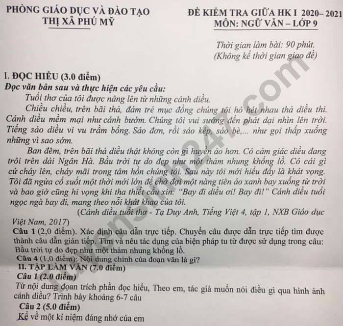 Đề kiểm tra giữa HK1 Văn lớp 9 Phòng GD TX Phú Mỹ năm 2020