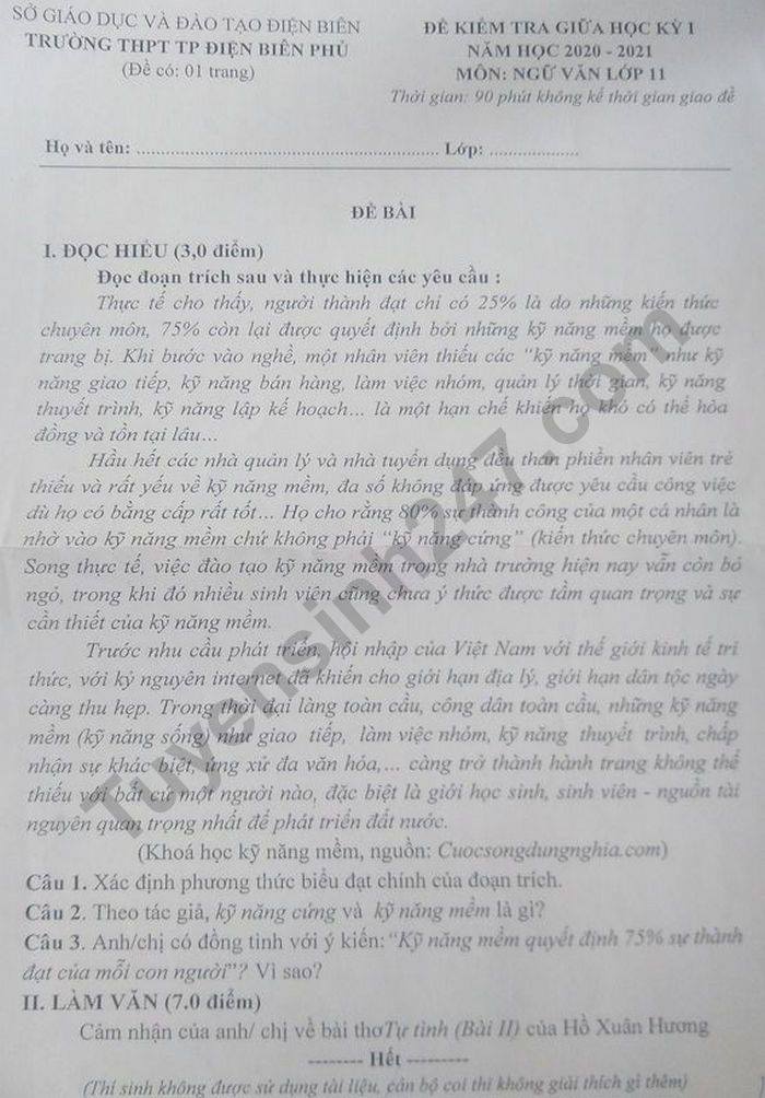 Đề kiểm tra giữa HK1 môn Văn lớp 11 năm 2020 THPT Điện Biên Phủ