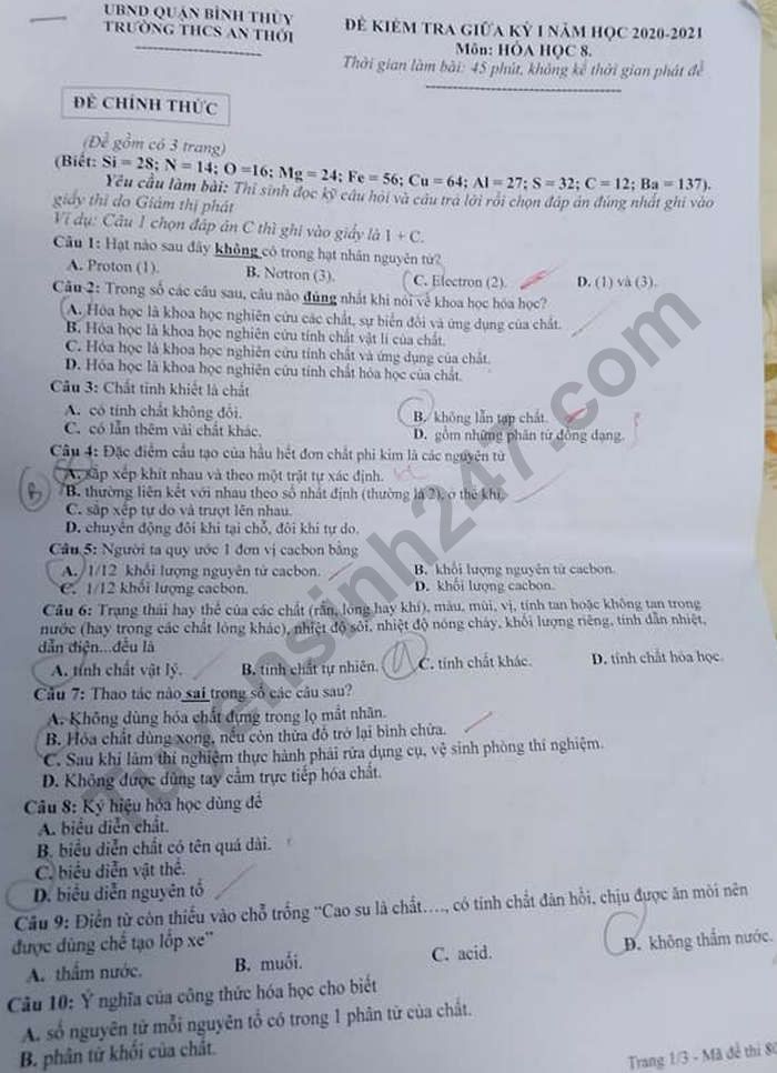  Đề kiểm tra giữa kì 1 môn Hóa lớp 8 - Trường THCS An Thới năm 2020