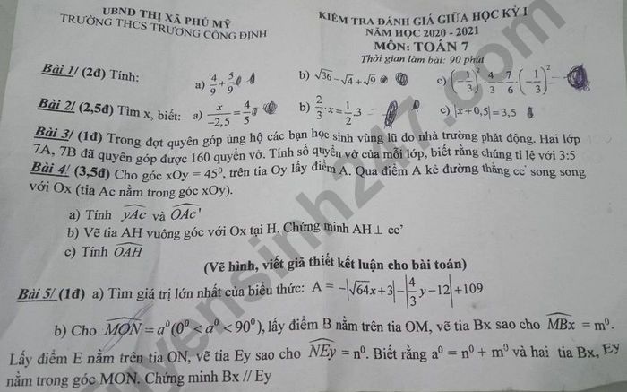 Đề kiểm tra giữa HK1 lớp 7 môn Toán - THCS Trương Công Định 2020