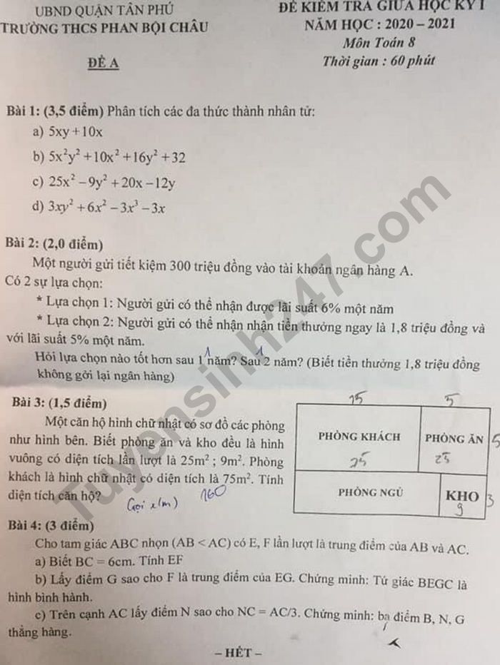 Đề kiểm tra giữa HK1 lớp 8 môn Toán - Trường THCS Phan Bội Châu 2020