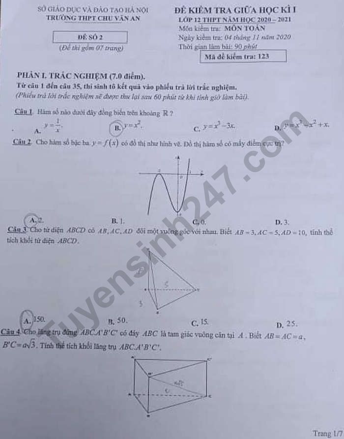 Đề kiểm tra giữa HK1 lớp 12 năm 2020 môn Toán - THPT Chu Văn An