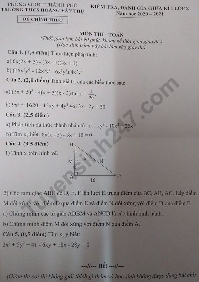 Đề kiểm tra giữa kì 1 lớp 8 môn Toán - Trường THCS Hoàng Văn Thụ 2020