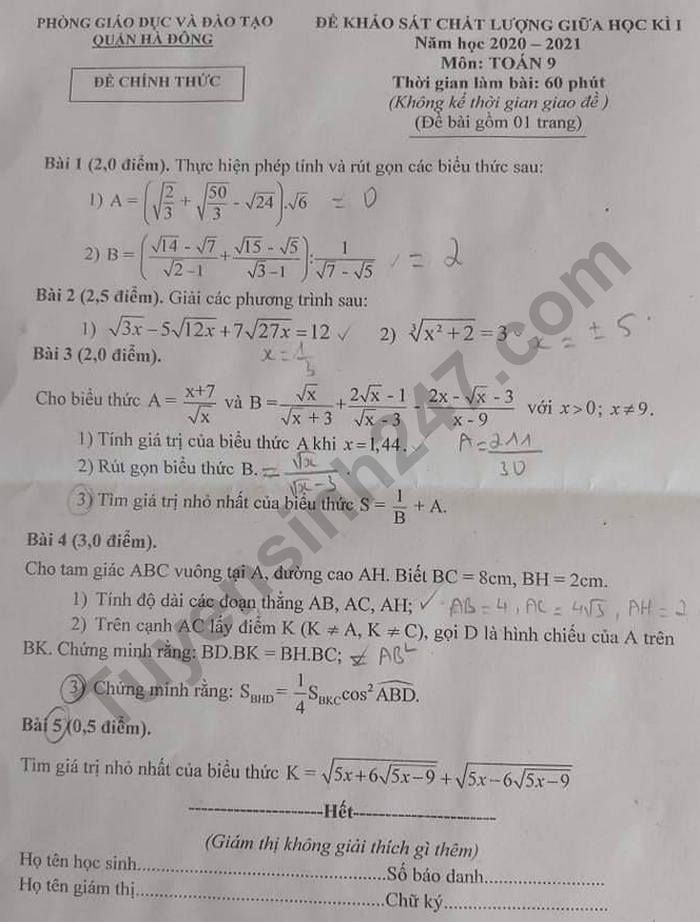 Đề kiểm tra giữa học kì 1 môn Toán lớp 9 năm 2020 Quận Hà Đông