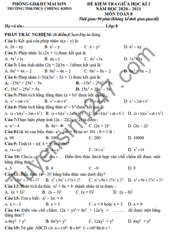 Đề kiểm tra giữa HK1 lớp 8 môn Toán năm 2020 TH-THCS Chiềng Kheo 