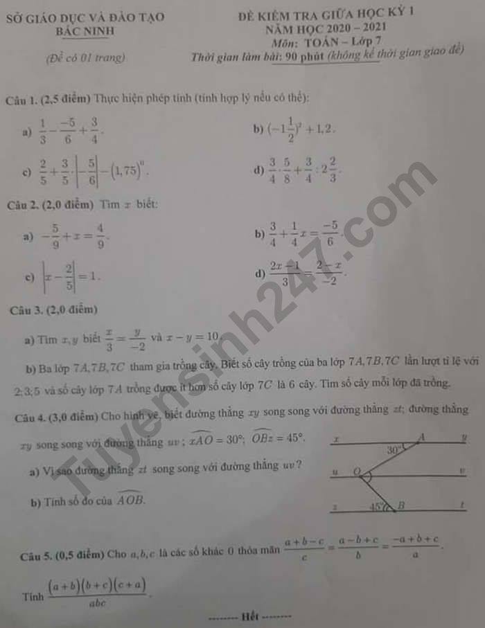 Đề kiểm tra giữa HK1 năm 2020 Tỉnh Bắc Ninh Toán lớp 7 