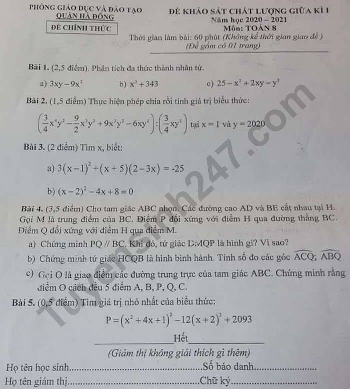 Đề kiểm tra giữa HK1 năm 2020 Toán lớp 8 quận Hà Đông 