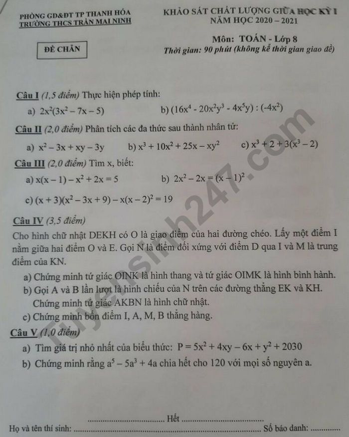 Đề thi giữa học kì 1 môn Toán lớp 8 THCS Trần Mai Ninh năm 2020