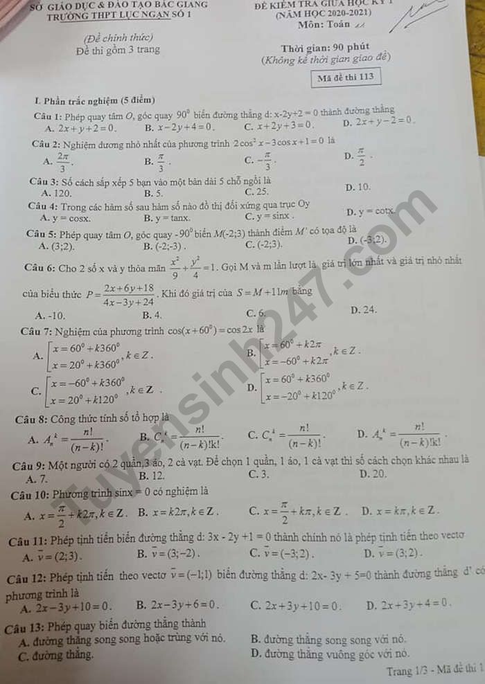 Đề kiểm tra giữa HK1 năm 2020 môn Toán 11 - Trường THPT Lục Ngạn số 1