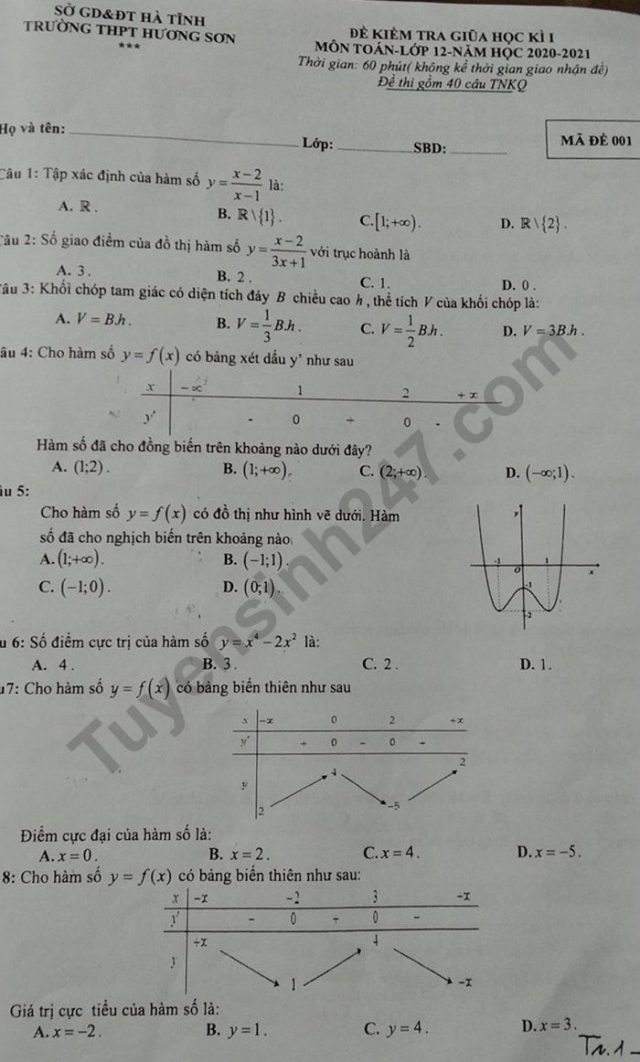 Đề kiểm tra giữa học kì 1 môn Toán lớp 12 - Trường THPT Hương Sơn 2020