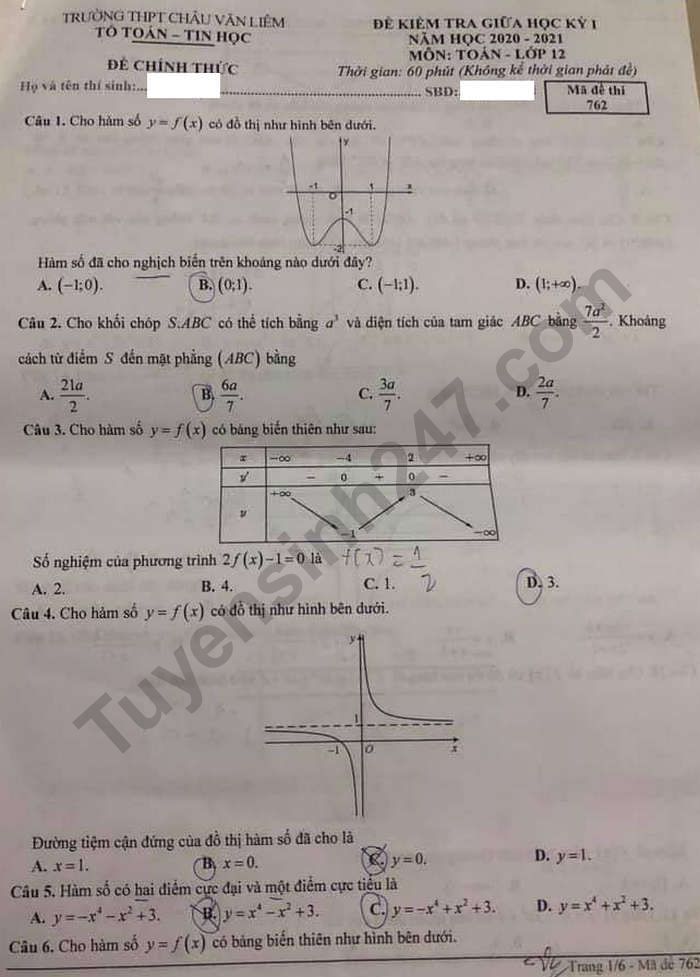 Đề kiểm tra giữa HK1 lớp 12 môn Toán - THPT Châu Văn Liêm năm 2020