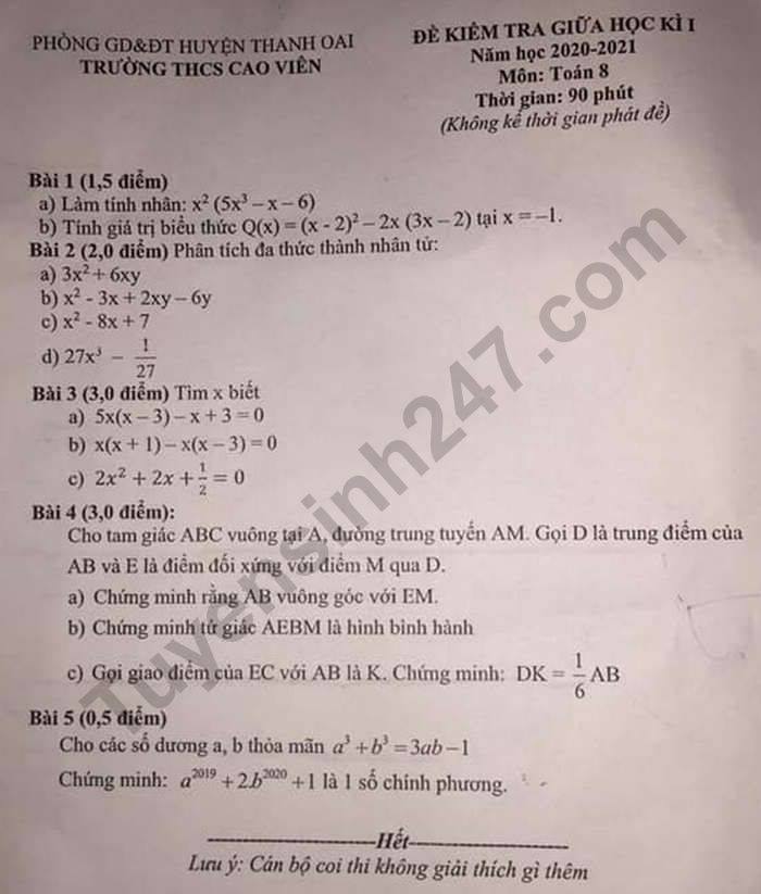 Đề kiểm tra giữa HK1 môn Toán lớp 8 năm 2020 THCS Cao Viên 
