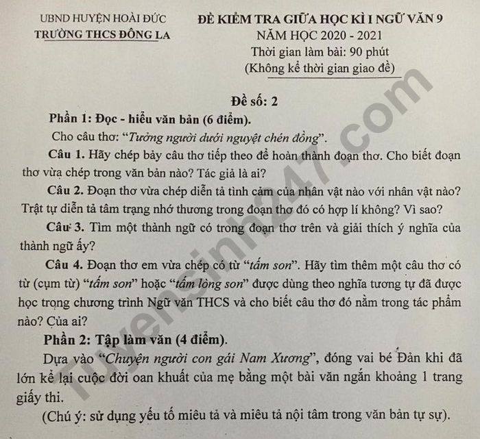 Đề kiểm tra giữa học kì 1 năm 2020 THCS Đông La Văn lớp 9 