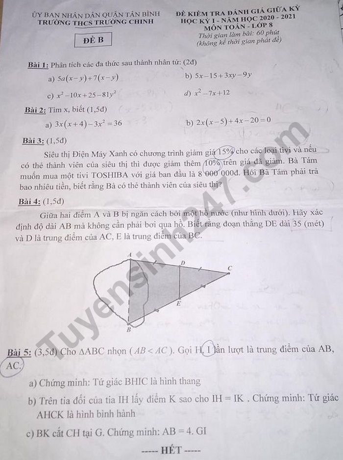 Đề kiểm tra giữa kì 1 môn Toán lớp 8 - THCS Trường Chinh năm 2020