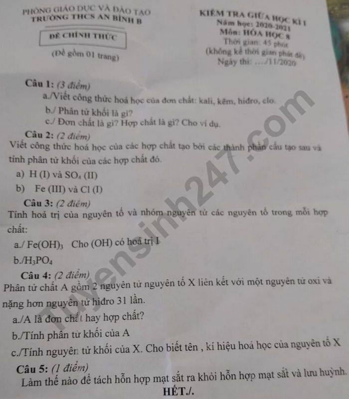 Đề kiểm tra giữa HK1 môn Hóa lớp 8 năm 2020 THCS An Bình B 