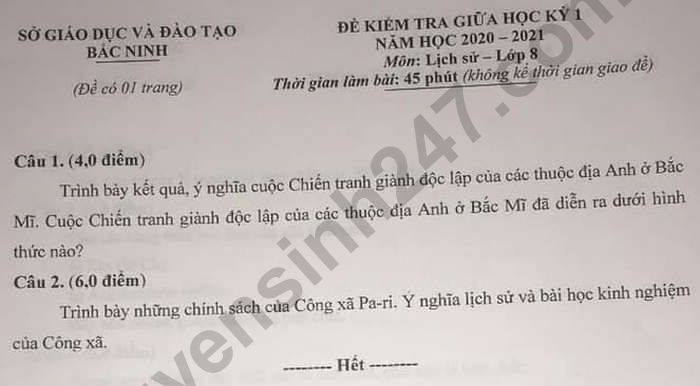 Đề kiểm tra giữa HK1 năm 2020 tỉnh Bắc Ninh môn Sử lớp 8 