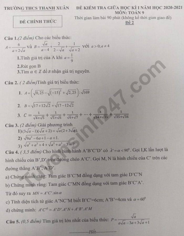 Đề kiểm tra giữa HK1 môn Toán lớp 9 THCS Thanh Xuân năm 2020 