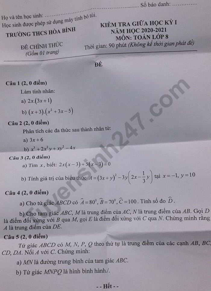 Đề kiểm tra giữa HK1 THCS Hòa Bình Toán lớp 8 năm 2020 