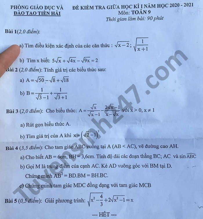 Đề kiểm tra giữa HK1 năm 2020 Toán lớp 9 Phòng GD Tiền Hải 