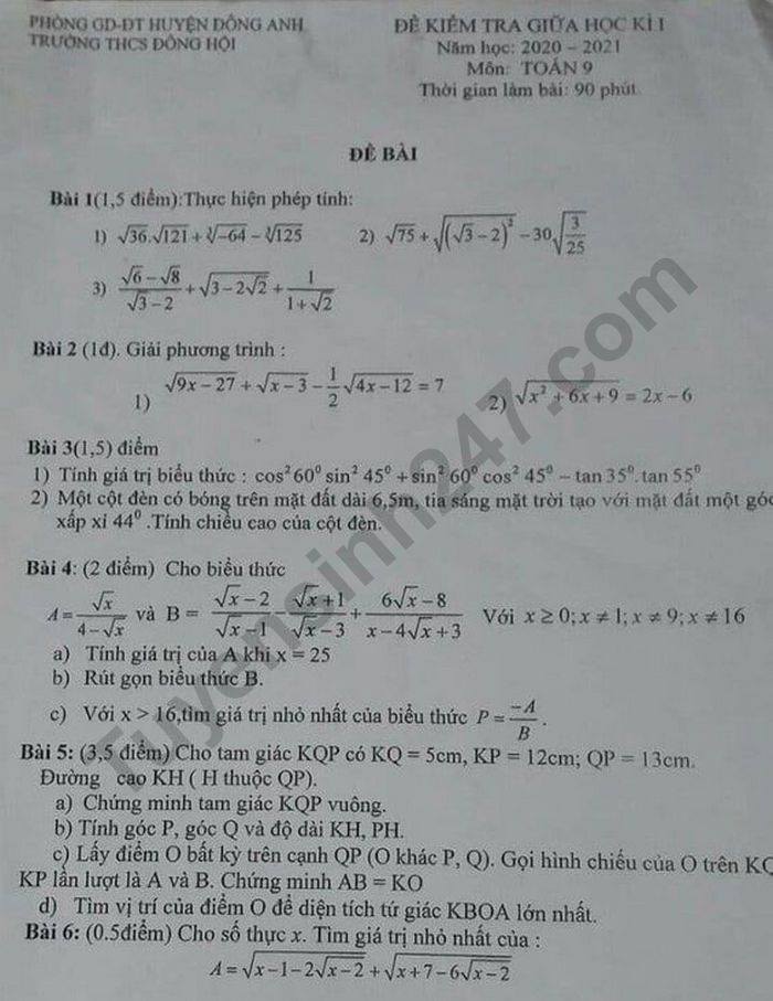 Đề kiểm tra giữa HK1 Toán lớp 9 THCS Đông Hội năm 2020