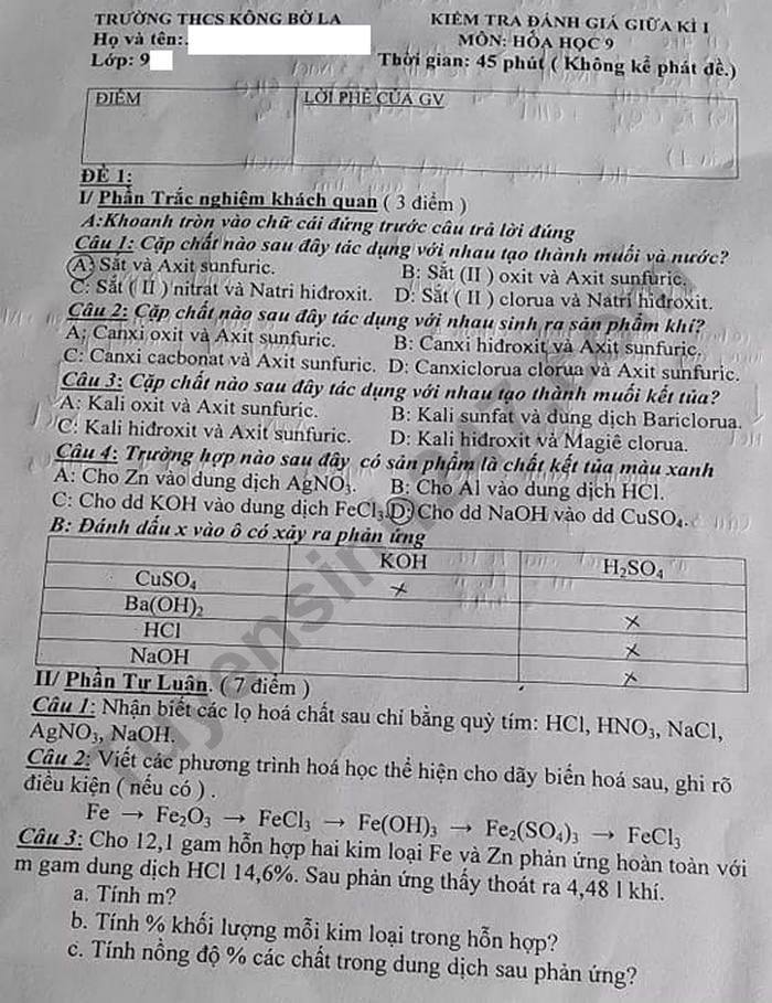 Đề kiểm tra giữa HK1 THCS Kông Bờ La Hóa lớp 9 năm 2020 