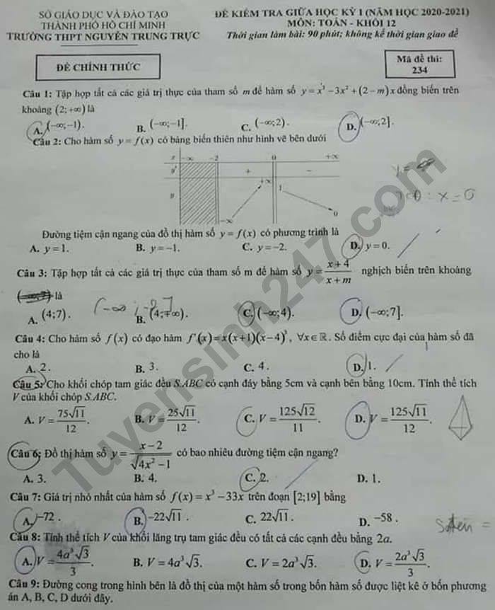 Đề kiểm tra giữa HK1 năm 2020 THPT Nguyễn Trung Trực Toán lớp 12