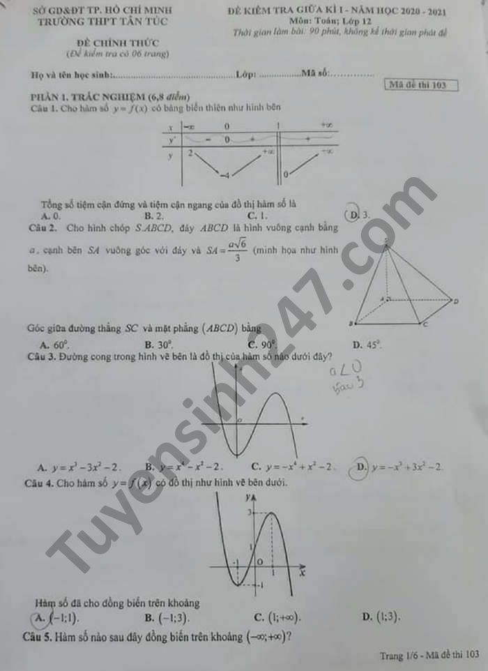 Đề kiểm tra giữa HK1 năm 2020 Toán lớp 12 THPT Tân Túc  