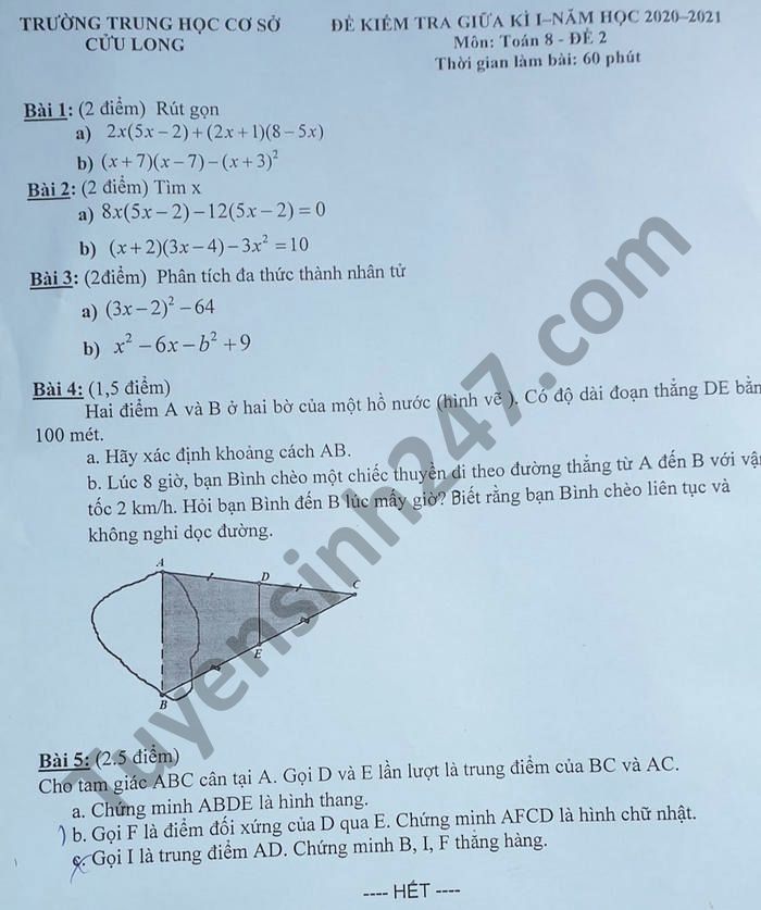 Đề kiểm tra giữa HK1 năm 2020 THCS Cửu Long Toán lớp 8 