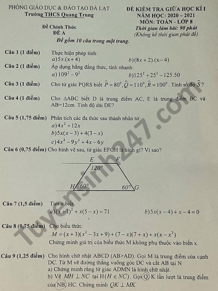 Đề kiểm tra giữa HK1 năm 2020 Văn lớp 8 THCS Quang Trung 