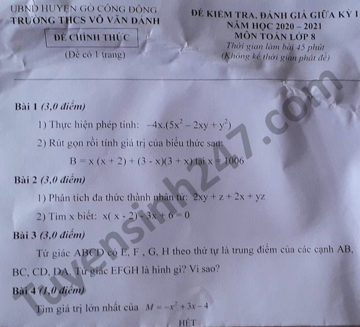 Đề kiểm tra giữa HK1 năm 2020 Toán lớp 8 THCS Võ Văn Dánh 