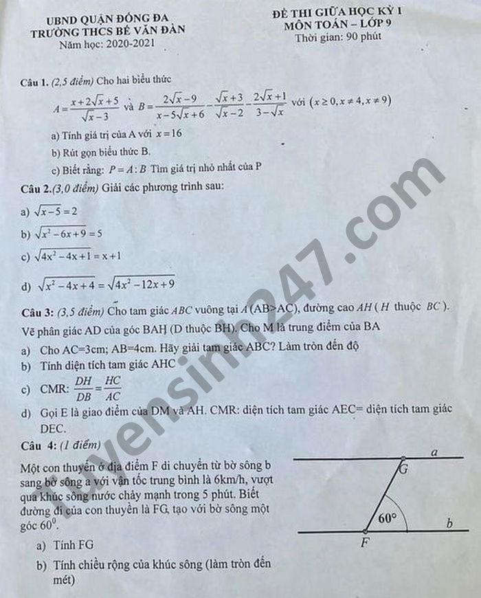 Đề kiểm tra giữa HK1 năm 2020 THCS Bế Văn Đàn Toán lớp 9 