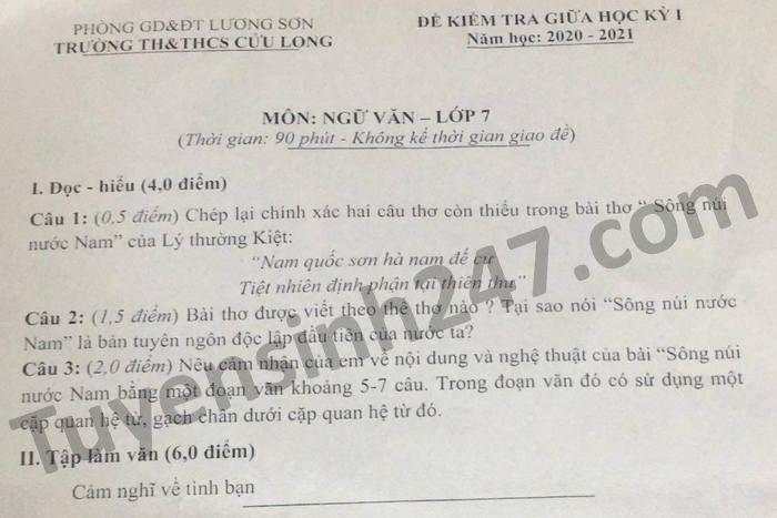 Đề kiểm tra giữa HK1 năm 2020 Văn lớp 7 TH-THCS Cửu Long 