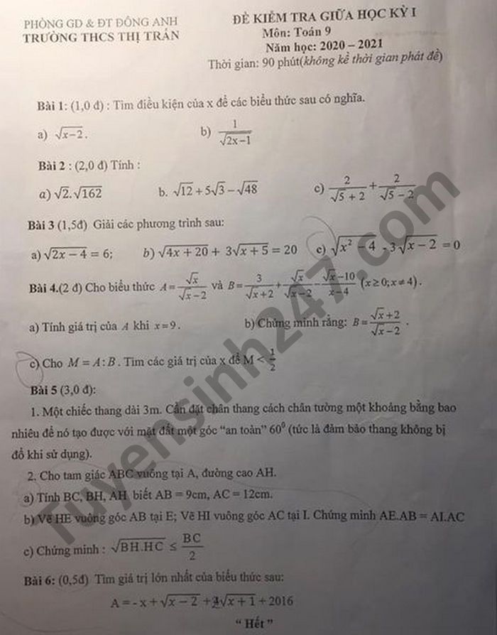 Đề kiểm tra giữa HK1 năm 2020 Phòng GD TT Đông Anh Toán lớp 9 