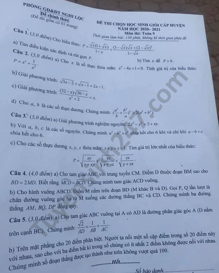 Đề kiểm tra giữa HK1 Toán lớp 9 Phòng GD Nghi Lộc năm 2020