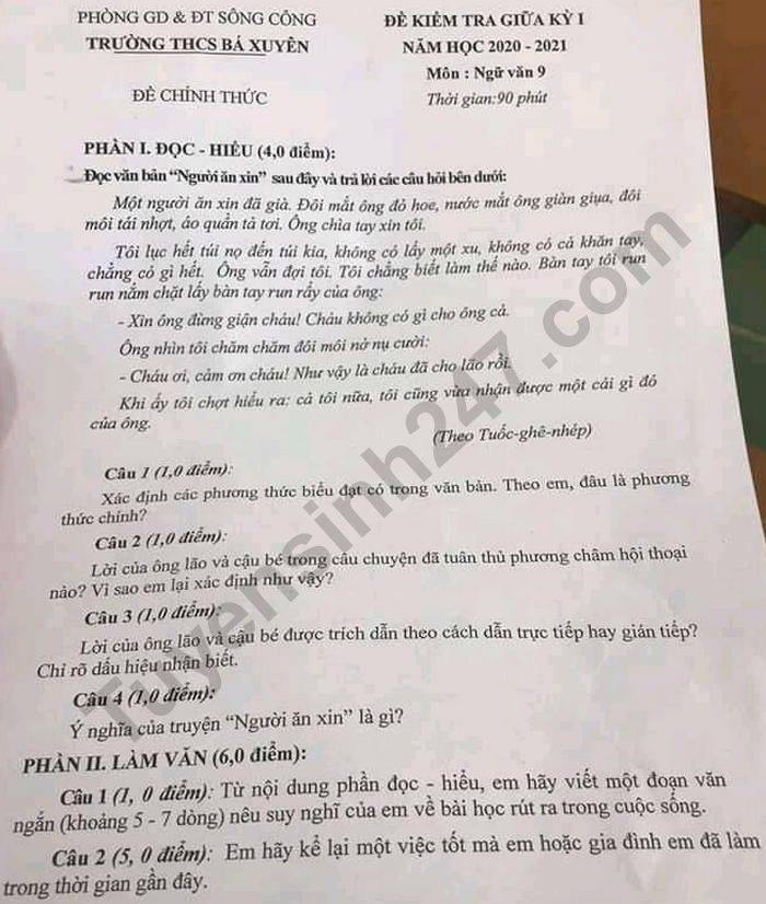 Đề kiểm tra giữa HK1 THCS Bá Xuyên Văn lớp 9 năm 2020