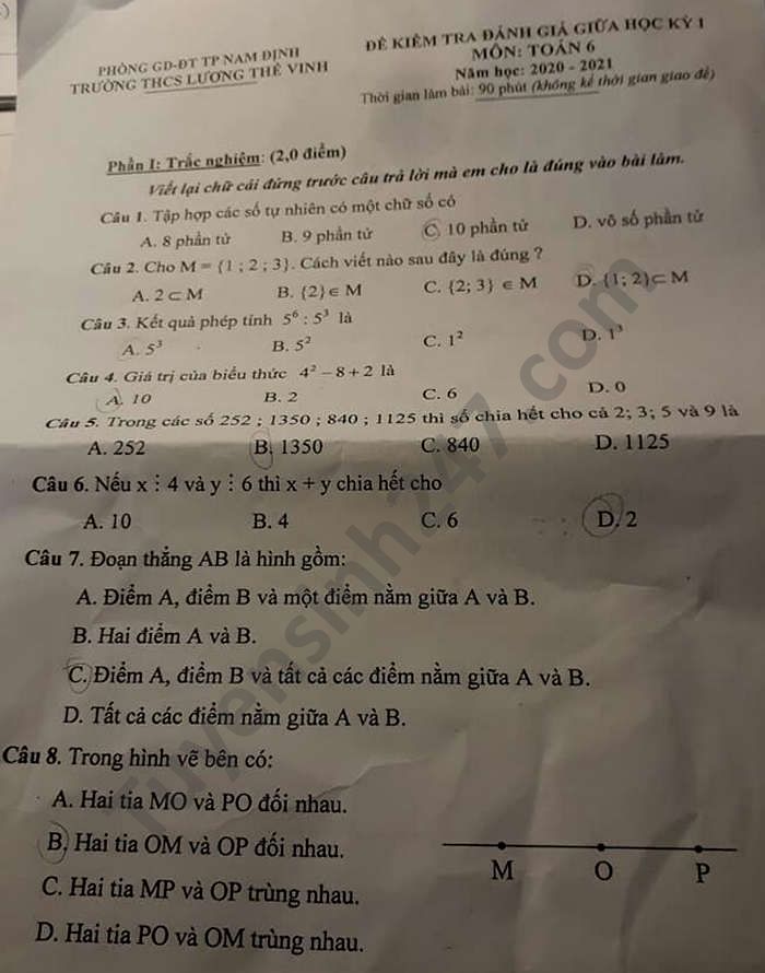 Đề kiểm tra giữa HK1 Toán lớp 6 năm 2020 THCS Lương Thế Vinh