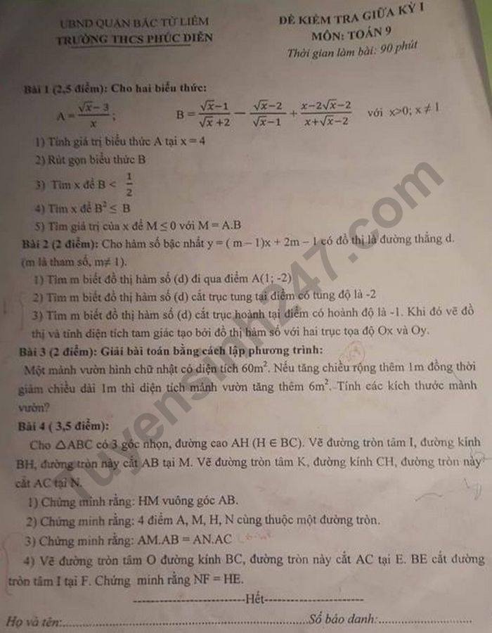 Đề kiểm tra giữa HK1 năm 2020 Toán lớp 9 THCS Phúc Diễn 