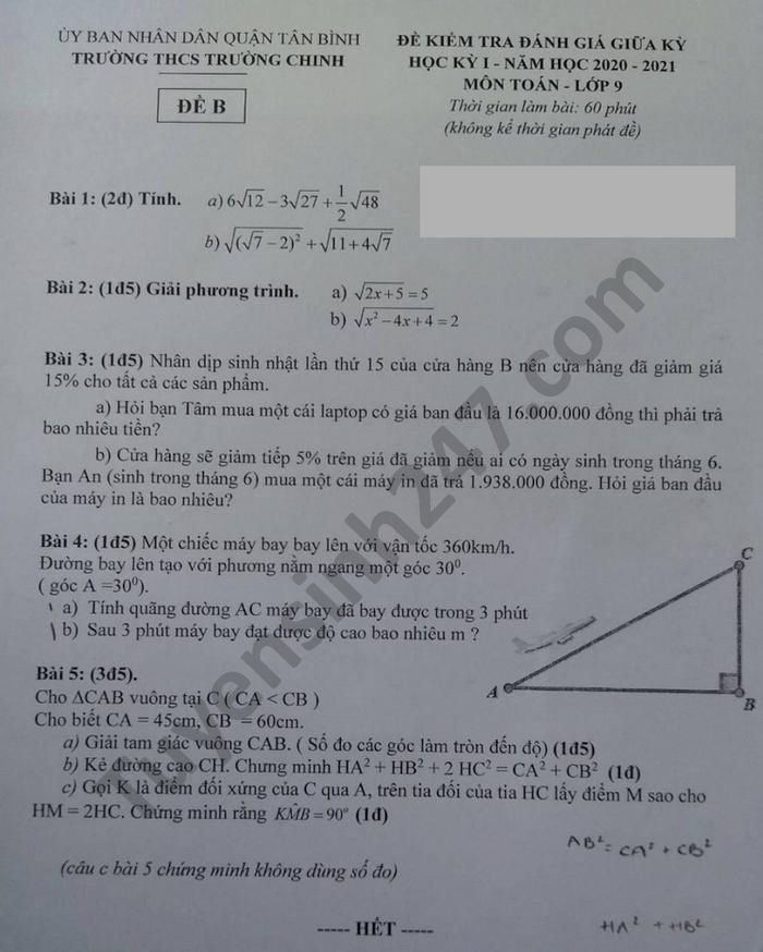 Đề kiểm tra giữa HK1 năm 2020 THCS Trường Chinh Toán lớp 9 