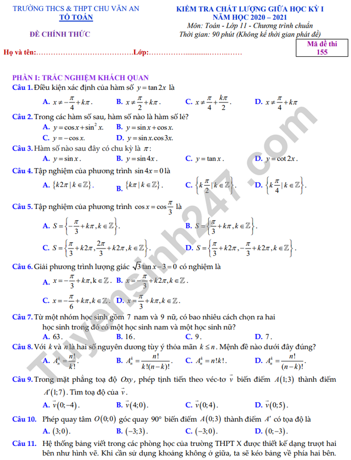 Đề kiểm tra giữa HK1 năm 2020 THPT Chu Văn An Toán lớp 11