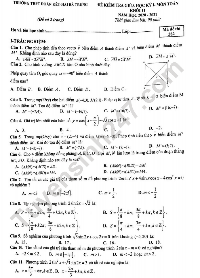 Đề kiểm tra giữa HK1 năm 2020 lớp 11 môn Toán THPT Đoàn Kết 