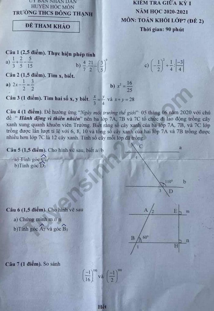 Đề kiểm tra giữa kì 1 lớp 7 môn Toán - THCS Đông Thạnh năm 2020