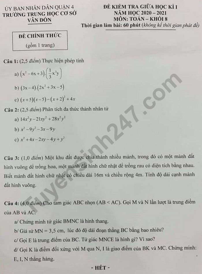 Đề kiểm tra giữa học kì 1 năm 2020 môn Toán lớp 8 THCS Vân Đồn